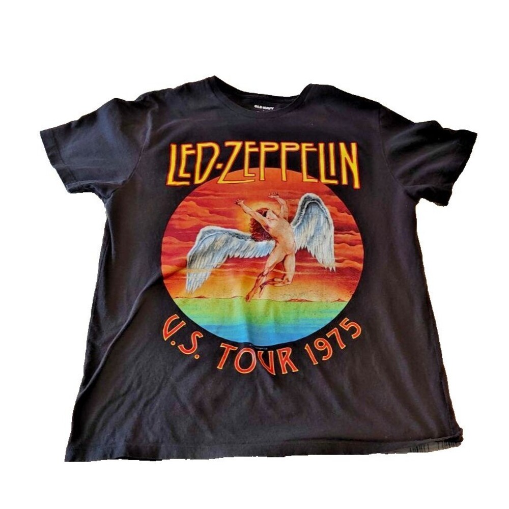 Retro Style Mens Medium 1975 US Tour Led Zeppelin Band T-Shirt Black Gap